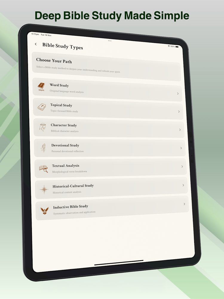 Bible study methods list in the By The Water app — word, topical, character, devotional, textual, historical and inductive study