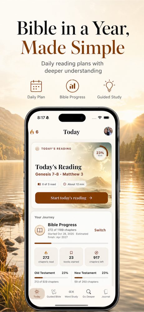 By The Water app Today tab — Bible in a Year daily reading plan showing Genesis 7-8 and Matthew 3 with progress ring and streak